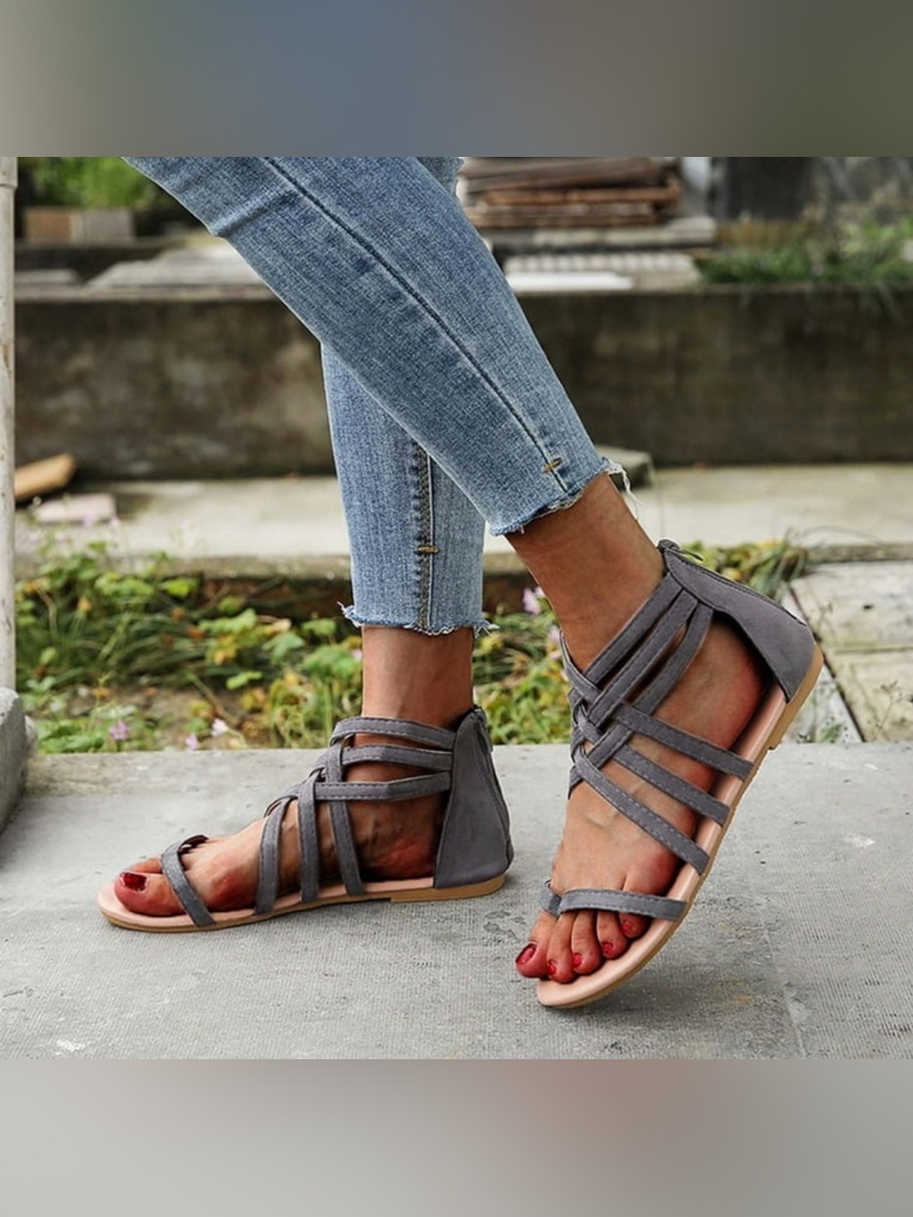 Women's Gray Boho Criss Cross Sandals - Faux Suede